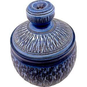 Antique Handmade Blue Patterned Ceramic Bristow Pot w/ Cover